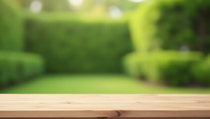 Aufkleber - A minimalist wooden table top against a blurred green background of garden and home area for creative product display or design visuals._00001_