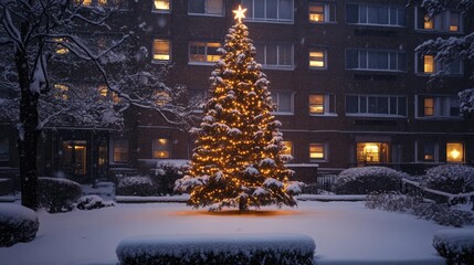 Poster - Cozy apartment setting featuring a beautifully decorated Christmas tree illuminated in a snowy winter night landscape