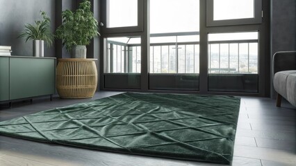 Aufkleber - A stylish urban loft filled with greenery where a luxurious velvet rug in rich emerald lays atop a more muted textured gray rug softly framing a bamboo coffee table in the living