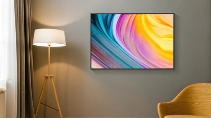 Poster - An artsy corner featuring a large canvas with abstract artwork a simple floor lamp and a stylish side table offering a pop of color against the muted wall.