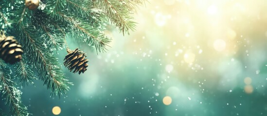 Aufkleber - Festive holiday backdrop with green tree branches and pinecones creating a cozy atmosphere for Christmas or New Year text placement