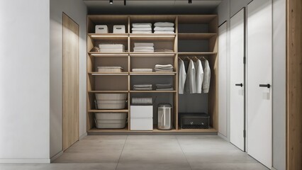Poster - A utility area with integrated storage solutions showcasing builtin shelving units that blend seamlessly with the surrounding walls neatly organizing everyday items while