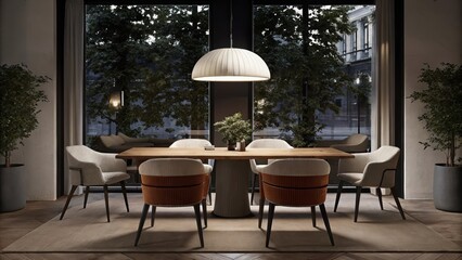 Aufkleber - A stylish dining area with a simple wooden table surrounded by mismatched chairs accented by a striking overhead light fixture and a backdrop of panoramic views of the lush street