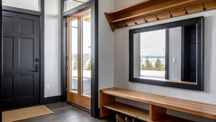 Poster - An entryway boasting a simple bench and hooks for coats with a large mirror reflecting light and the scenic view just beyond the door welcoming guests into the minimalist setting.
