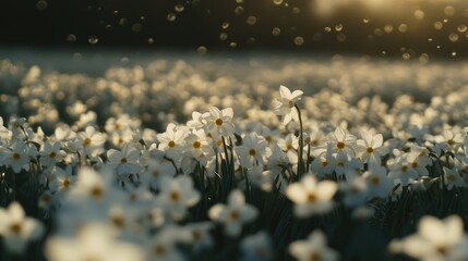 Aufkleber - Closeup of a serene field adorned with blooming white narcissus flowers illuminated by soft golden light in the background