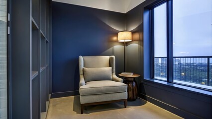 Poster - A cozy reading nook is situated in a corner with deep indigo walls and a large cushioned armchair. A small side table holds a lamp that casts a warm glow highlighting the ling city