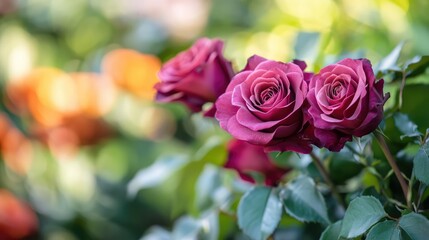 Poster - Close up of vibrant roses with soft green foliage backdrop creating a serene floral background perfect for design and copy space usage