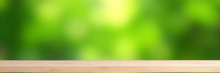 Aufkleber - A minimalist wooden table sits atop a blurred, vibrant green garden background with no visible objects or distractions present._00001_
