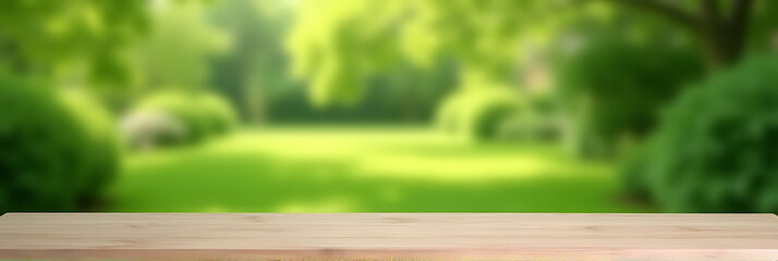 Aufkleber - A minimalist wooden table sits atop a blurred, vibrant green garden background with no visible objects or distractions present._00002_