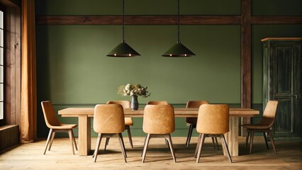 Aufkleber - An elegant dining space with a long rustic wooden table surrounded by mismatched chairs accented by a simple floral arrangement and an industrial chandelier hanging overhead.