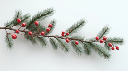 Poster - Christmas pine branch with red berries on a light background for holiday decoration and seasonal themes.