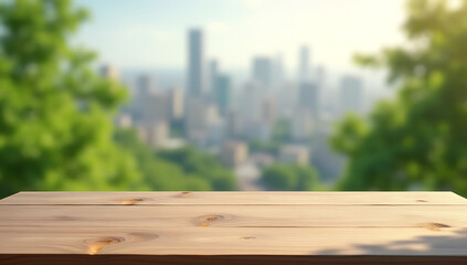 Poster - A minimalist wooden table sits atop a blurred background of lush greenery and cityscapes for a unique product display concept._00003_