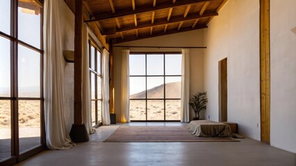 Poster - A spacious loftstyle studio with high ceilings featuring a blend of warm wood beams and soft textiles where large windows invite the stunning desert vistas creating a peaceful yet