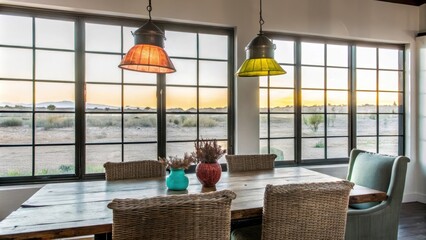 Poster - A serene dining area featuring a rustic wooden table paired with woven chairs accented by hanging pendant lights and large windows showcasing the shifting colors of the desert sun