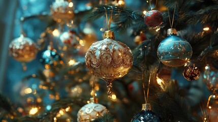 Aufkleber - Elegant glass ornaments and warm lights adorning a beautifully decorated Christmas tree creating a festive holiday atmosphere