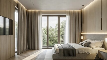 Aufkleber - A serene bedroom with soft gray tones a kingsized bed dressed in luxurious linens and large windows that invite natural light and the peaceful sound of water.