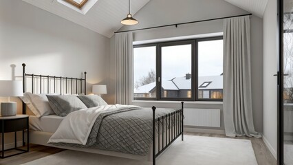 Aufkleber - A serene bedroom adorned with soft neutral linens and a geometric quilt blending industrial accents like a metal bed frame and concrete side tables. A window seat offers a