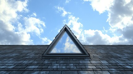 Aufkleber - Triangular window on a roof reflecting blue sky and clouds showcasing architectural design and serenity in a close up perspective