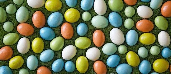 Poster - Vibrant colored eggs arranged on artificial grass creating a festive spring background ideal for Easter celebrations and seasonal decor.