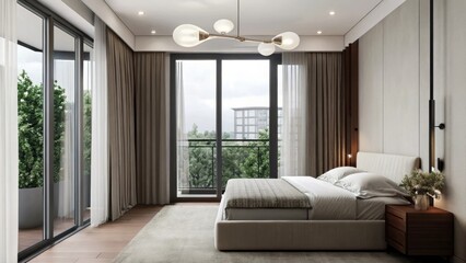 Poster - A contemporary bedroom featuring a neutral color palette a statement light fixture and large windows that connect the room to a private balcony with lush plants and urban views.