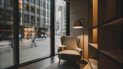 Aufkleber - A cozy reading nook nestled beside floortoceiling windows with a plush armchair and a small bookshelf creating a serene retreat amidst the hustle and bustle visible beyond the