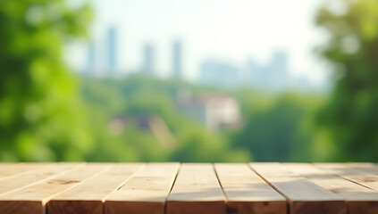 Poster - A minimalist wooden table sits atop a blurred background of lush greenery and cityscapes for a unique product display concept._00001_