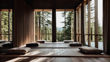 Aufkleber - A tranquil meditation room lined with floortoceiling windows soft floor cushions and natural wood decor inviting relaxation while blending with the calming sounds of the trees