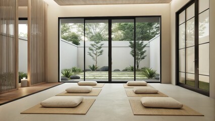 Aufkleber - A meditation space offers a calming atmosphere with soft mats and cushions set against a wall of glass showcasing the tranquil landscape of the adjacent botanical gardens.