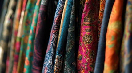 Poster - Colorful textiles displayed on hangers showcasing intricate patterns and rich fabric textures in a close-up view.