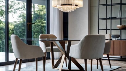 Poster - An elegant dining area adorned with a contemporary glass table surrounded by striking upholstered chairs accented by a statement chandelier and framed by a panoramic window
