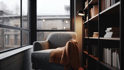 Aufkleber - A small reading nook adorned with a faded armchair and a knitted throw surrounded by shelves lined with books where a nearby window offers a view of raindrops cascading down the