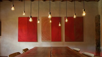 Poster - A minimalist dining space with a long rustic wooden table set for four suspended Edison bulb lighting overhead and a wall adorned with abstract artworks.