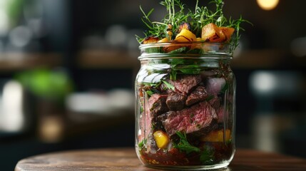 Poster - Close up of a mason jar filled with delectable beef salad topped with fresh herbs and vibrant vegetables in a rustic setting