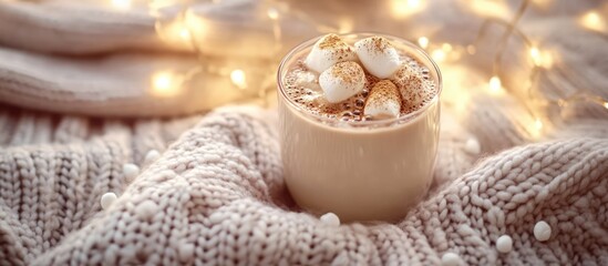 Poster - Cocoa drink with marshmallows and cacao powder on cozy sweater background with ambient lights for a warm holiday home vibe