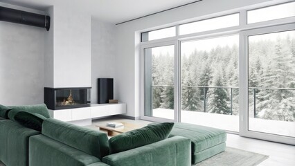 Aufkleber - A minimalist living room decorated with soft gray and white tones where a plush sofa is positioned in front of a modern fireplace with the frosty forest view peeking through
