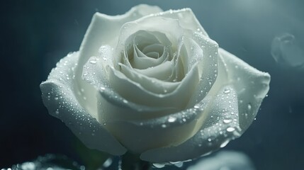 Leinwandbilder - Elegant closeup of a pristine white rose adorned with glistening water droplets against a soft blurred background