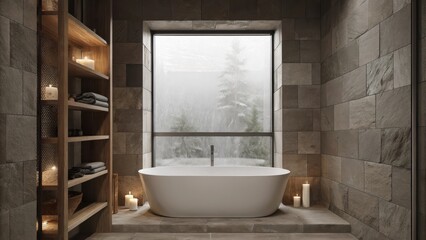 Aufkleber - A modern bathroom with a freestanding soaking tub positioned under a frosted glass window complemented by natural stone tiles and rustic wooden shelves holding fresh towels and