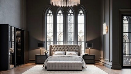 Poster - A luxurious master bedroom with a tufted headboard and plush bedding centered beneath a grand ceiling light fixture. The tall windows frame the majestic cathedral creating a