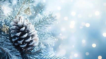 Poster - Christmas tree branch with snowy pine cone and subtle blue bokeh background for festive seasonal themes and winter decorations.