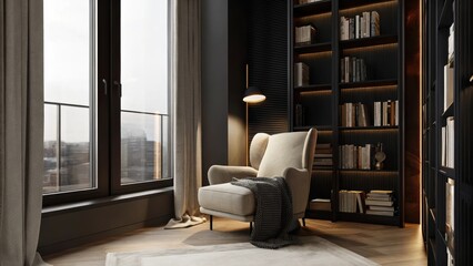 Aufkleber - A cozy reading nook is nestled by a large window complete with a plush armchair oversized bookshelf and warm lighting offering a peaceful retreat from the urban hustle.