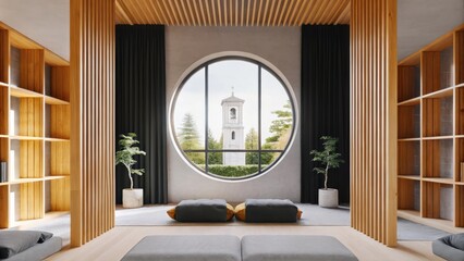 Aufkleber - A serene meditation room with soft neutral tones and minimal furniture featuring a large circular window that frames the bell tower outside complemented by cushions on the floor