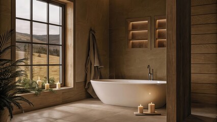 Poster - A spacious bathroom boasts a freestanding tub p near a window surrounded by candles and plants with warm neutral tones creating a spalike atmosphere complemented by views of the