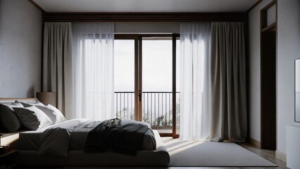 Poster - A serene bedroom with a large bed dressed in soft linens as the early light filters in casting calm shadows and creating a peaceful ambiance.