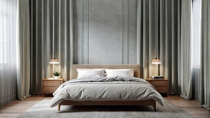 Aufkleber - A serene bedroom with soft gray walls and curtains that allow filter light. A lowprofile bed with a linen duvet is flanked by two wooden nightstands each with a small succulent.
