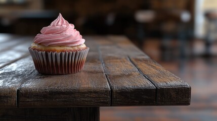 Poster - Close up of a delicious cupcake with pink frosting on a rustic wooden table setting in a cozy cafe ambiance