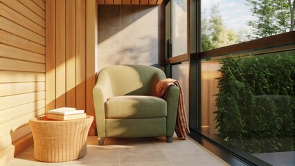 Aufkleber - A tranquil reading nook with a soft armchair in a muted earth tone positioned next to a large window. A small side table holds a single book and a woven basket filled with cozy