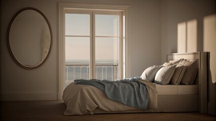 Aufkleber - A tranquil bedroom with a low profile bed dressed in light gray linens and a textured soft blue throw. The walls are painted in a pale seafoam hue and a large circular mirror