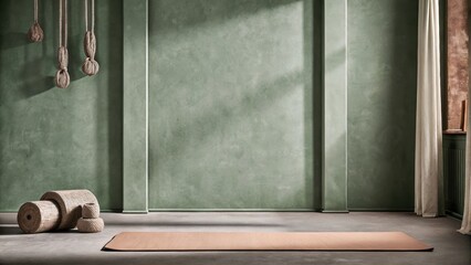 Poster - A minimalist workout space with walls painted in a gentle sage a yoga mat in clay and decor elements that include textured stone weights and natural fiber wall hangings.