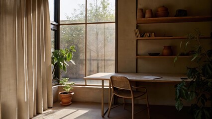 Poster - A sunlit workspace with a large window draped in linen curtains a simple lighthued desk paired with a woven chair. Shelving made from driftwood displays terracotta pottery and lush