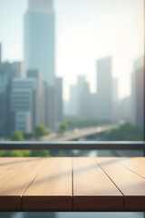 Poster - A minimalist office setting features a wood table against a blurred cityscape background suitable for product displays or design visuals._00002_